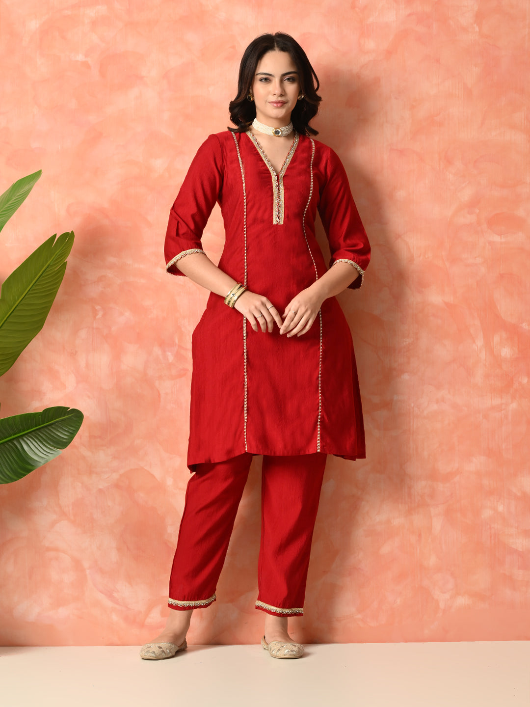 Myshka Red Silk Blend Straight V-Neck Three-Quarter Sleeves Kurta Trousers With Dupatta - Distacart