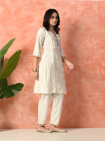 Thumbnail for Myshka White Silk Blend Straight V-Neck Three-Quarter Sleeves Kurta Trousers With Dupatta - Distacart