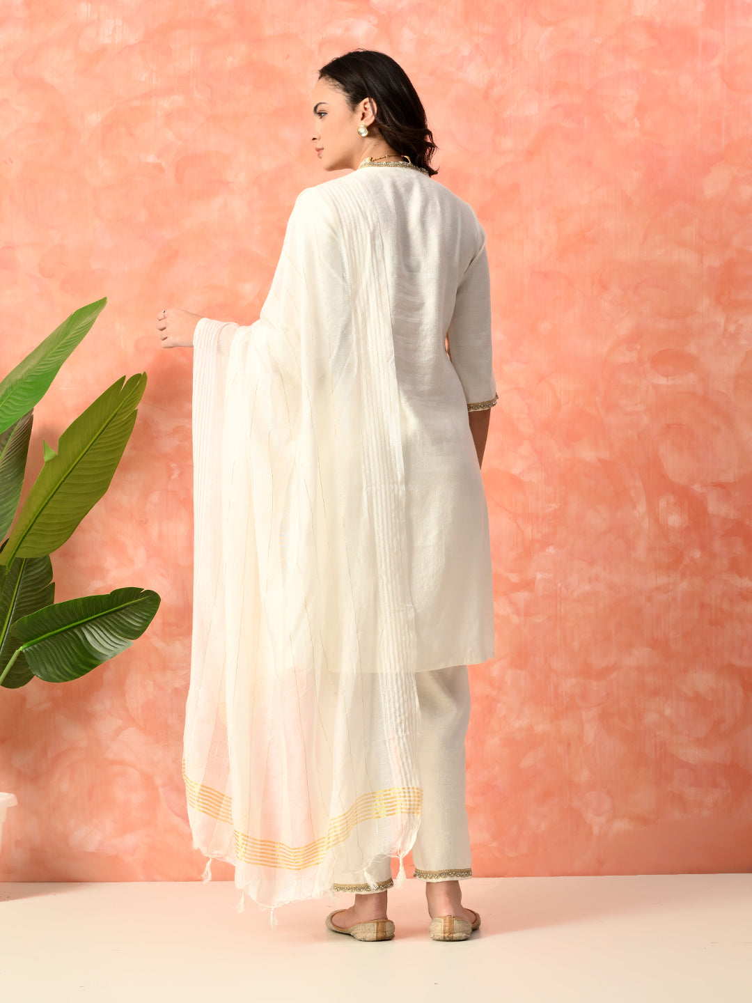 Myshka White Silk Blend Straight V-Neck Three-Quarter Sleeves Kurta Trousers With Dupatta - Distacart
