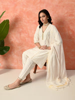 Thumbnail for Myshka White Silk Blend Straight V-Neck Three-Quarter Sleeves Kurta Trousers With Dupatta - Distacart