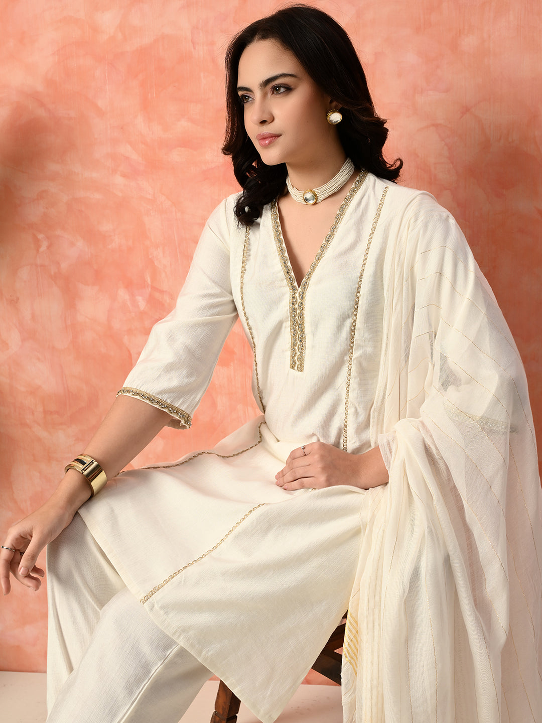 Myshka White Silk Blend Straight V-Neck Three-Quarter Sleeves Kurta Trousers With Dupatta - Distacart