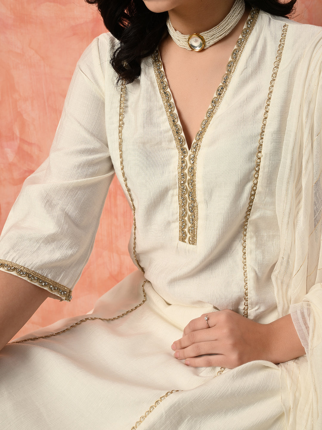 Myshka White Silk Blend Straight V-Neck Three-Quarter Sleeves Kurta Trousers With Dupatta - Distacart