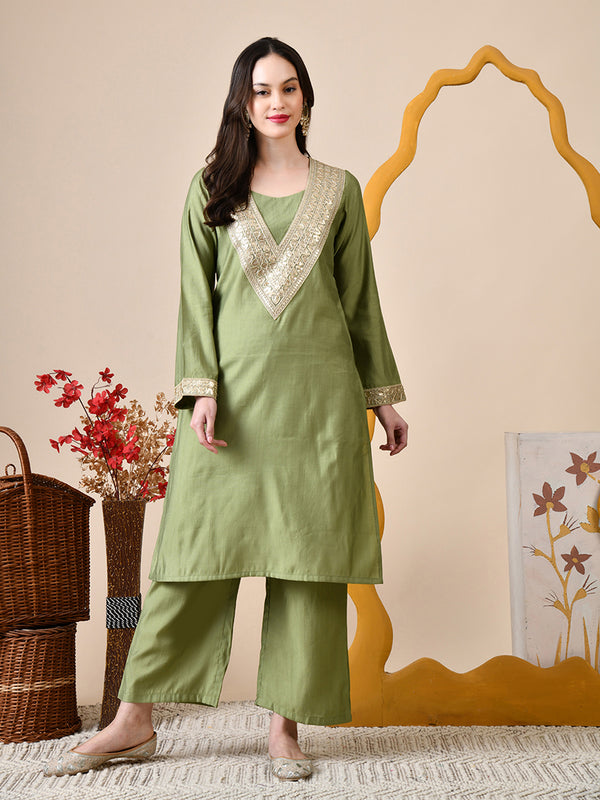 Myshka Green Silk Blend Straight Round Neck Long Sleeves Kurta Trousers Set - Distacart