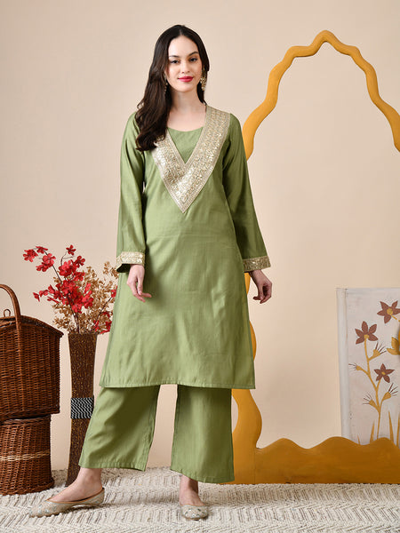 Myshka Green Silk Blend Straight Round Neck Long Sleeves Kurta Trousers Set - Distacart