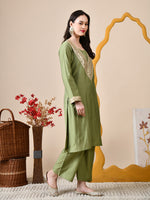 Thumbnail for Myshka Green Silk Blend Straight Round Neck Long Sleeves Kurta Trousers Set - Distacart