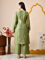 Thumbnail for Myshka Green Silk Blend Straight Round Neck Long Sleeves Kurta Trousers Set - Distacart