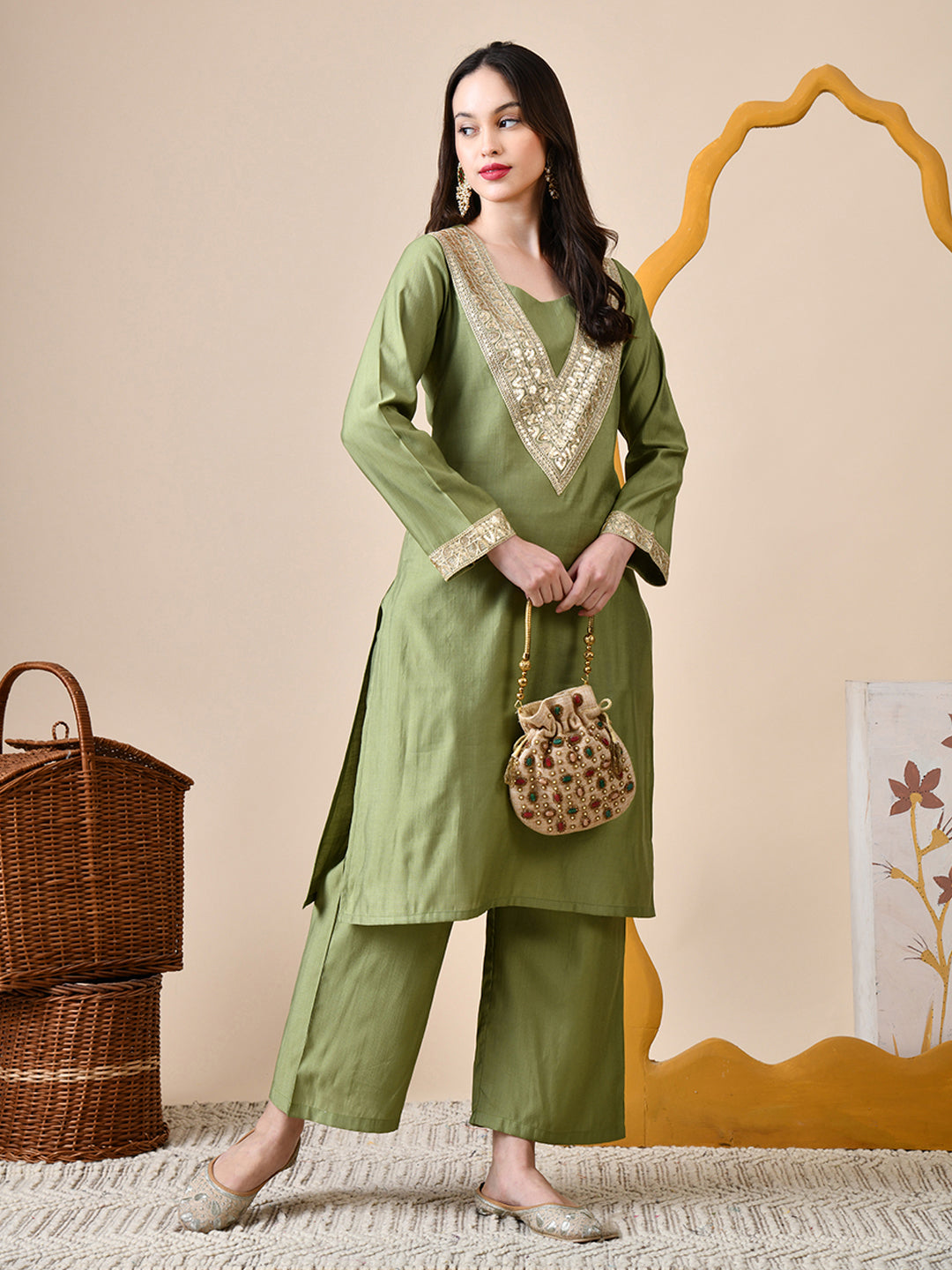 Myshka Green Silk Blend Straight Round Neck Long Sleeves Kurta Trousers Set - Distacart