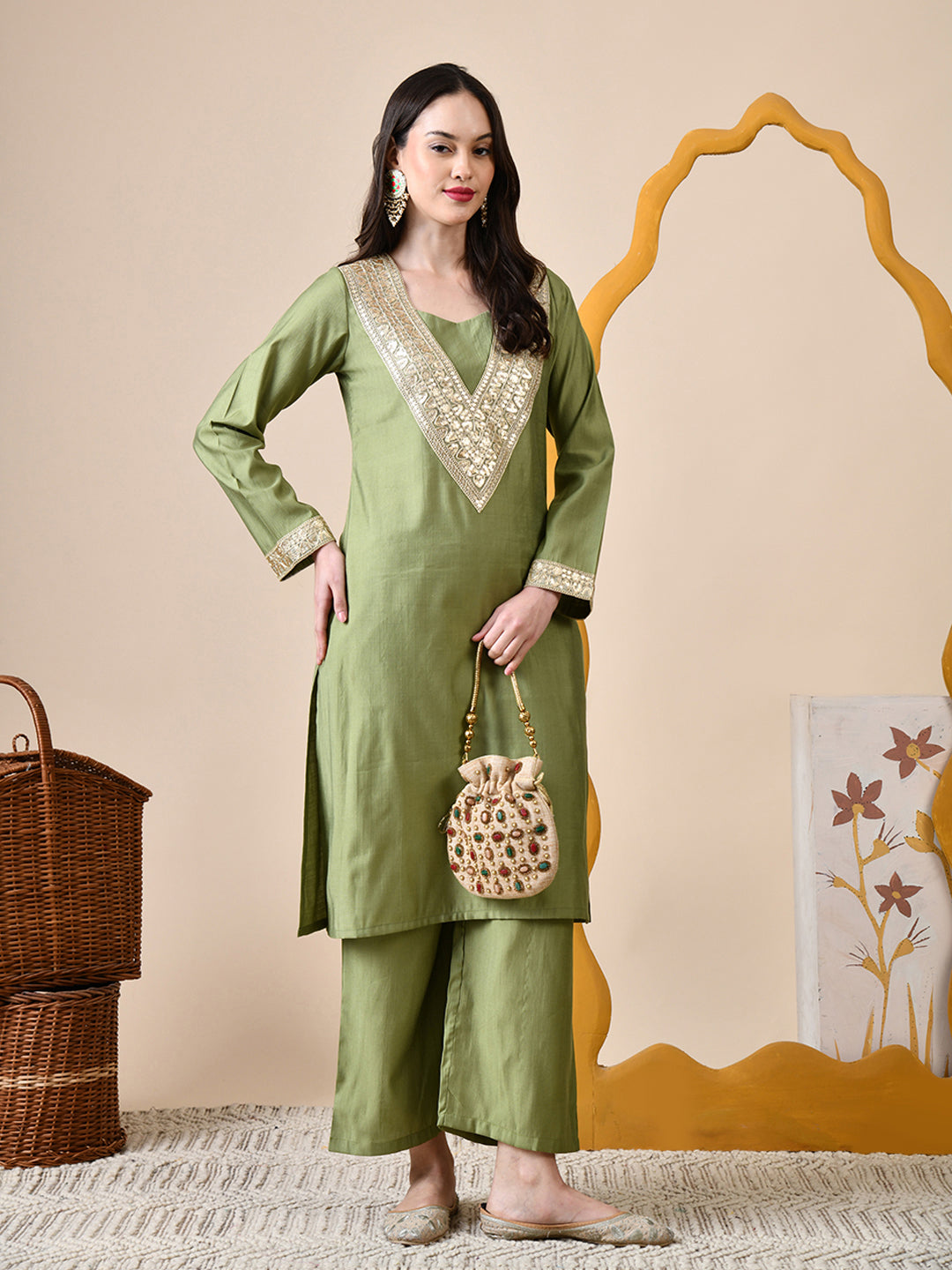 Myshka Green Silk Blend Straight Round Neck Long Sleeves Kurta Trousers Set - Distacart
