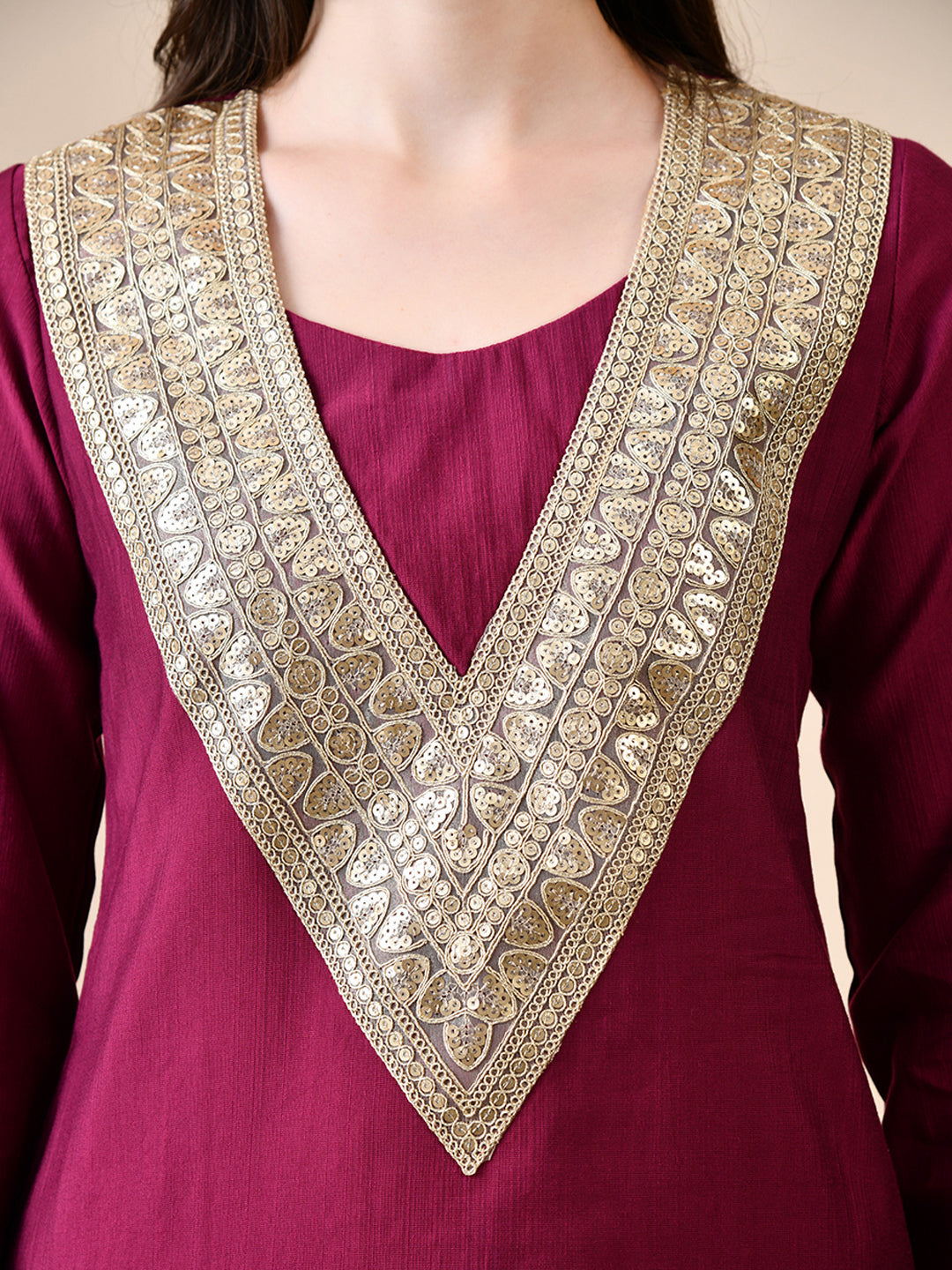 Myshka Wine Silk Blend Straight Round Neck Long Sleeves Kurta Trousers Set - Distacart