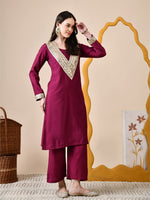 Thumbnail for Myshka Wine Silk Blend Straight Round Neck Long Sleeves Kurta Trousers Set - Distacart