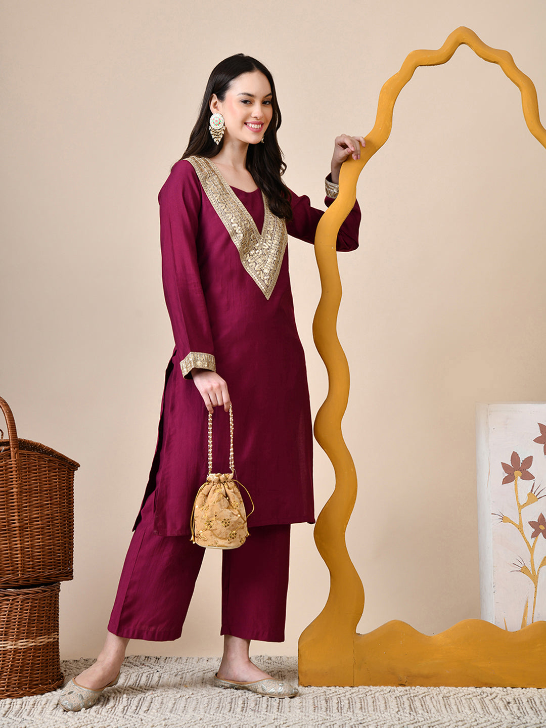 Myshka Wine Silk Blend Straight Round Neck Long Sleeves Kurta Trousers Set - Distacart