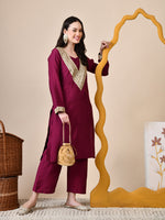 Thumbnail for Myshka Wine Silk Blend Straight Round Neck Long Sleeves Kurta Trousers Set - Distacart