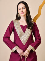 Thumbnail for Myshka Wine Silk Blend Straight Round Neck Long Sleeves Kurta Trousers Set - Distacart