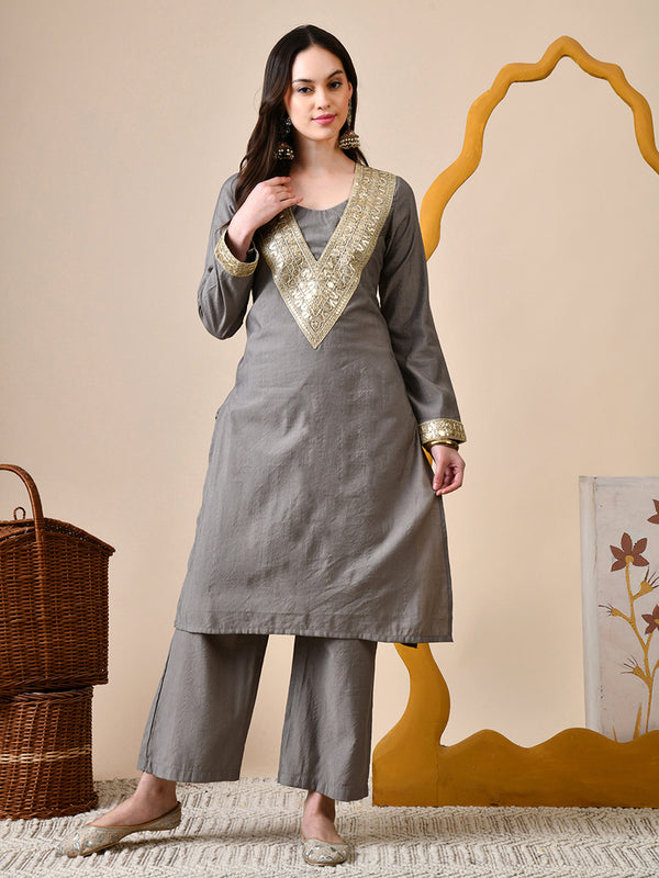Myshka Gray Silk Blend Straight Round Neck Long Sleeves Kurta Trousers Set - Distacart