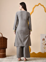 Thumbnail for Myshka Gray Silk Blend Straight Round Neck Long Sleeves Kurta Trousers Set - Distacart