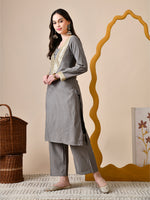 Thumbnail for Myshka Gray Silk Blend Straight Round Neck Long Sleeves Kurta Trousers Set - Distacart