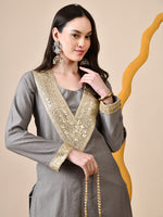 Thumbnail for Myshka Gray Silk Blend Straight Round Neck Long Sleeves Kurta Trousers Set - Distacart