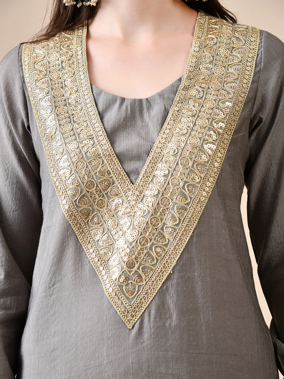 Myshka Gray Silk Blend Straight Round Neck Long Sleeves Kurta Trousers Set - Distacart