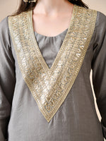 Thumbnail for Myshka Gray Silk Blend Straight Round Neck Long Sleeves Kurta Trousers Set - Distacart