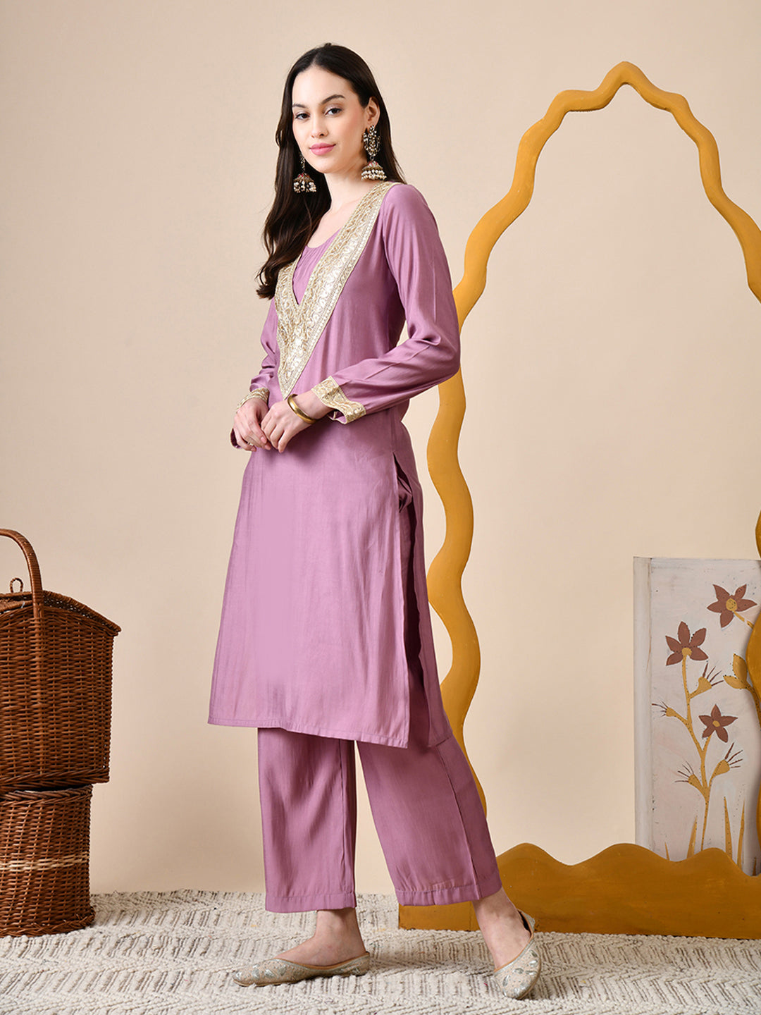 Myshka Lavender Silk Blend Straight Round Neck Long Sleeves Kurta Trousers Set - Distacart