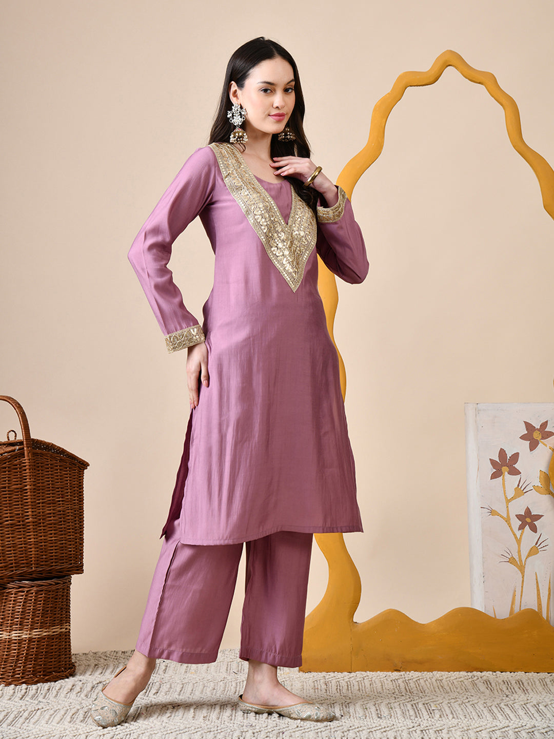 Myshka Lavender Silk Blend Straight Round Neck Long Sleeves Kurta Trousers Set - Distacart