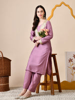 Thumbnail for Myshka Lavender Silk Blend Straight Round Neck Long Sleeves Kurta Trousers Set - Distacart