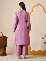 Thumbnail for Myshka Lavender Silk Blend Straight Round Neck Long Sleeves Kurta Trousers Set - Distacart