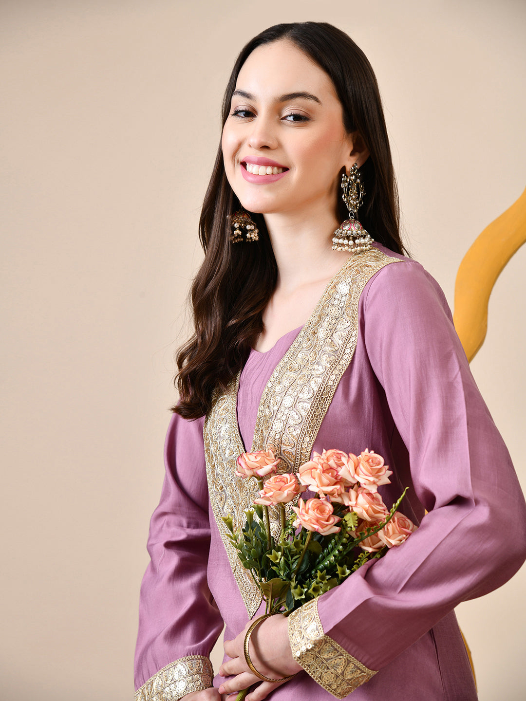 Myshka Lavender Silk Blend Straight Round Neck Long Sleeves Kurta Trousers Set - Distacart