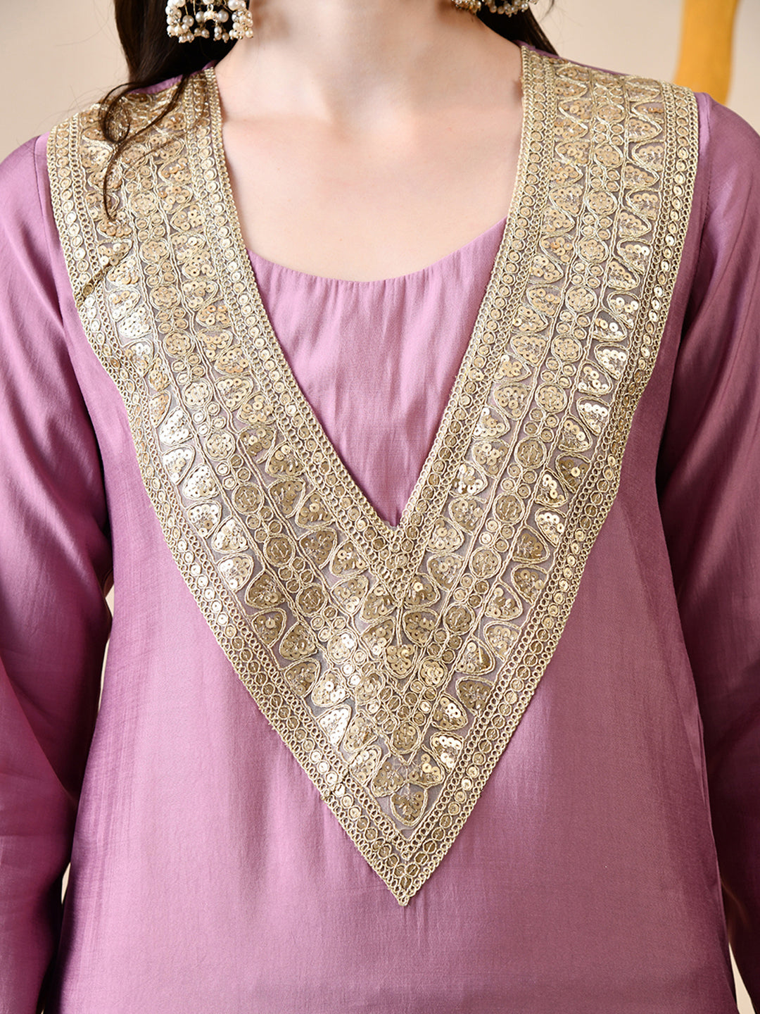 Myshka Lavender Silk Blend Straight Round Neck Long Sleeves Kurta Trousers Set - Distacart