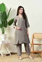 Thumbnail for Myshka Gray Silk Blend Straight Round Neck Three-Quarter Sleeves Kurta Trousers Set - Distacart