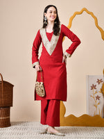 Thumbnail for Myshka Red Silk Blend Straight Round Neck Long Sleeves Kurta Trousers Set - Distacart