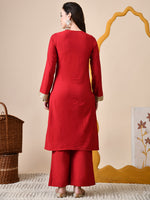 Thumbnail for Myshka Red Silk Blend Straight Round Neck Long Sleeves Kurta Trousers Set - Distacart