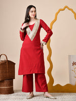 Thumbnail for Myshka Red Silk Blend Straight Round Neck Long Sleeves Kurta Trousers Set - Distacart