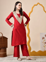 Thumbnail for Myshka Red Silk Blend Straight Round Neck Long Sleeves Kurta Trousers Set - Distacart