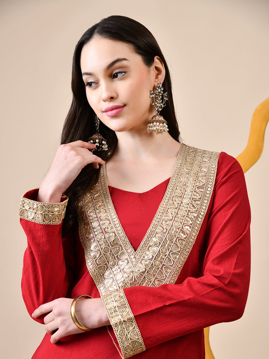 Myshka Red Silk Blend Straight Round Neck Long Sleeves Kurta Trousers Set - Distacart