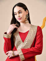 Thumbnail for Myshka Red Silk Blend Straight Round Neck Long Sleeves Kurta Trousers Set - Distacart