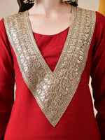 Thumbnail for Myshka Red Silk Blend Straight Round Neck Long Sleeves Kurta Trousers Set - Distacart