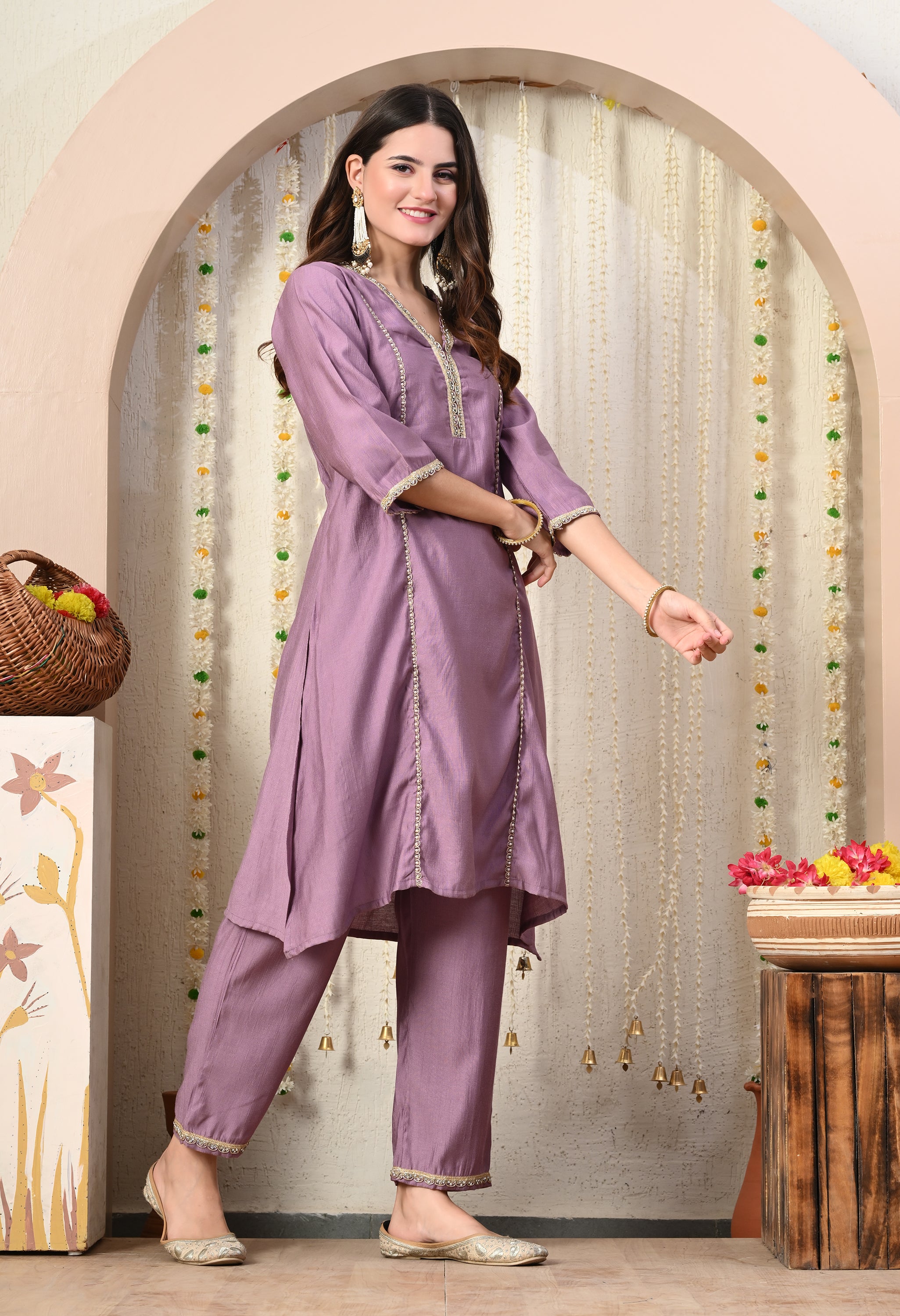 Myshka Lavender Silk Blend Straight Round Neck Three-Quarter Sleeves Kurta Trousers Set - Distacart