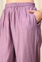 Thumbnail for Myshka Lavender Silk Blend Straight Round Neck Three-Quarter Sleeves Kurta Trousers Set - Distacart
