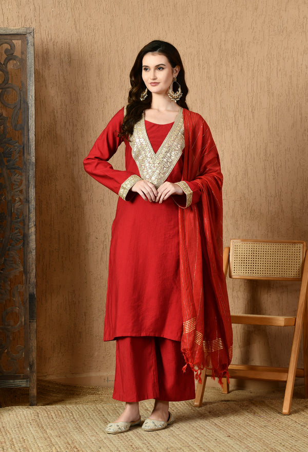 Myshka Red Silk Blend Straight Round Neck Long Sleeves Kurta Trousers With Dupatta - Distacart