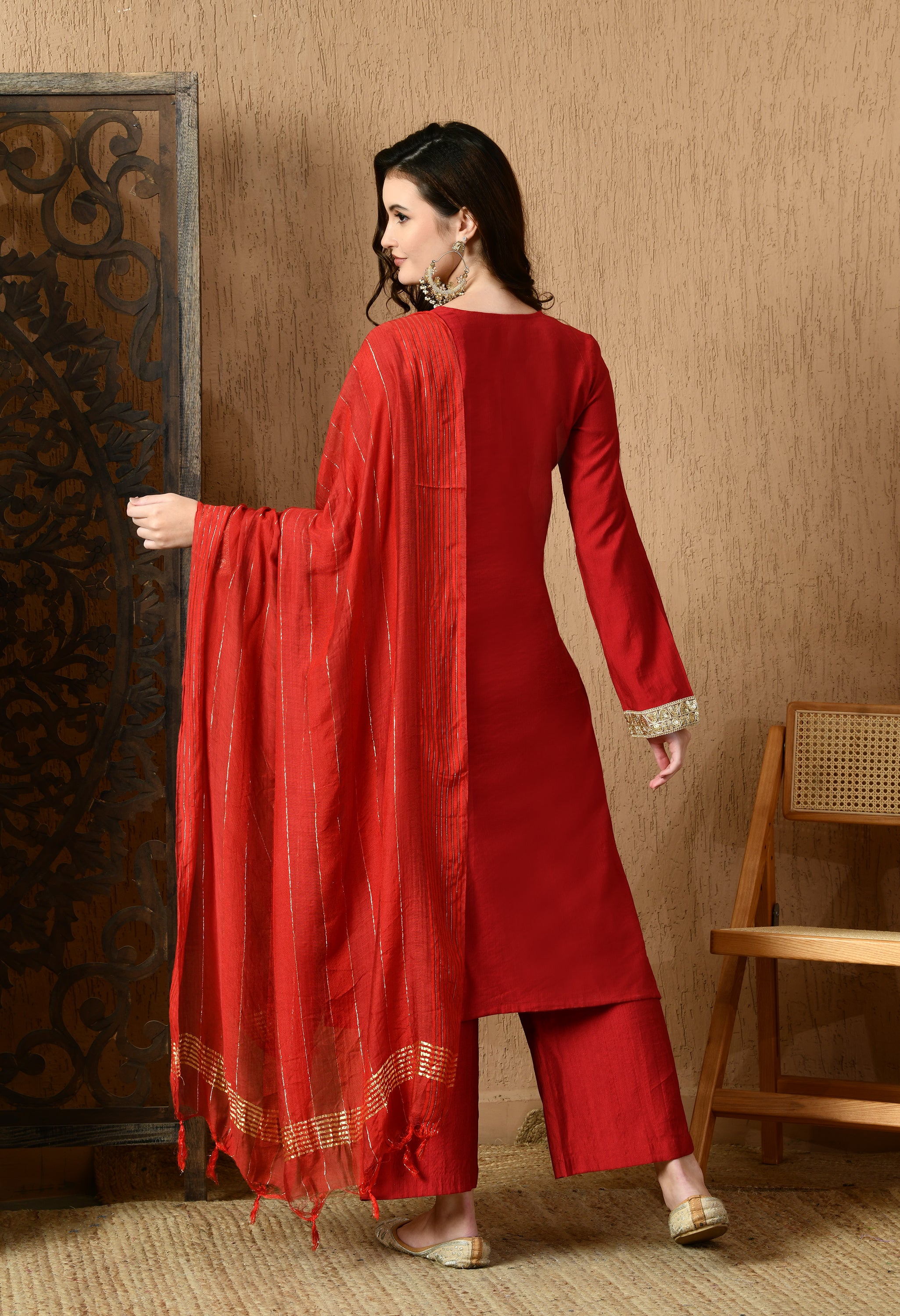 Myshka Red Silk Blend Straight Round Neck Long Sleeves Kurta Trousers With Dupatta - Distacart