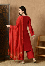 Thumbnail for Myshka Red Silk Blend Straight Round Neck Long Sleeves Kurta Trousers With Dupatta - Distacart