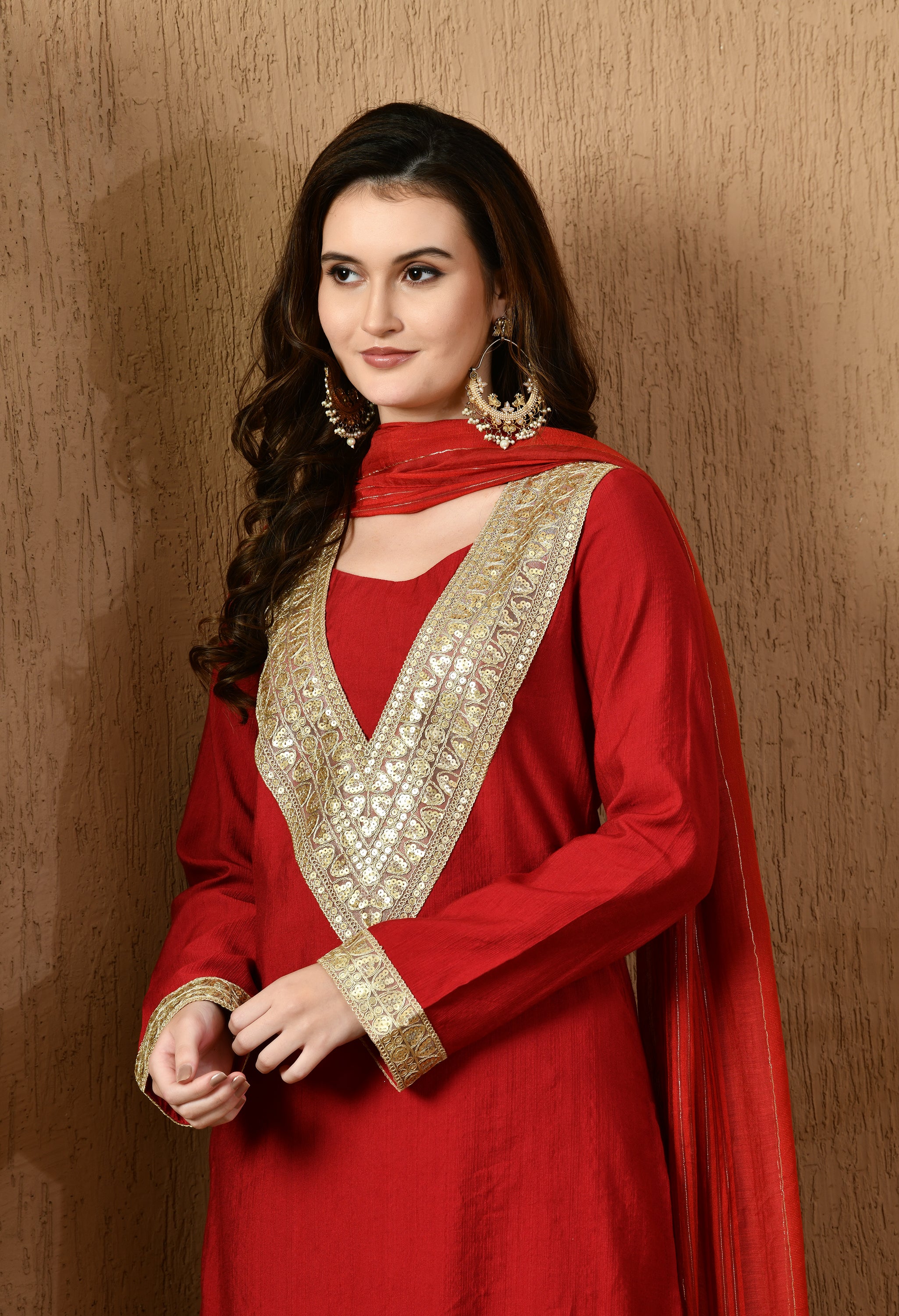 Myshka Red Silk Blend Straight Round Neck Long Sleeves Kurta Trousers With Dupatta - Distacart