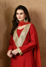 Thumbnail for Myshka Red Silk Blend Straight Round Neck Long Sleeves Kurta Trousers With Dupatta - Distacart