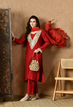 Thumbnail for Myshka Red Silk Blend Straight Round Neck Long Sleeves Kurta Trousers With Dupatta - Distacart