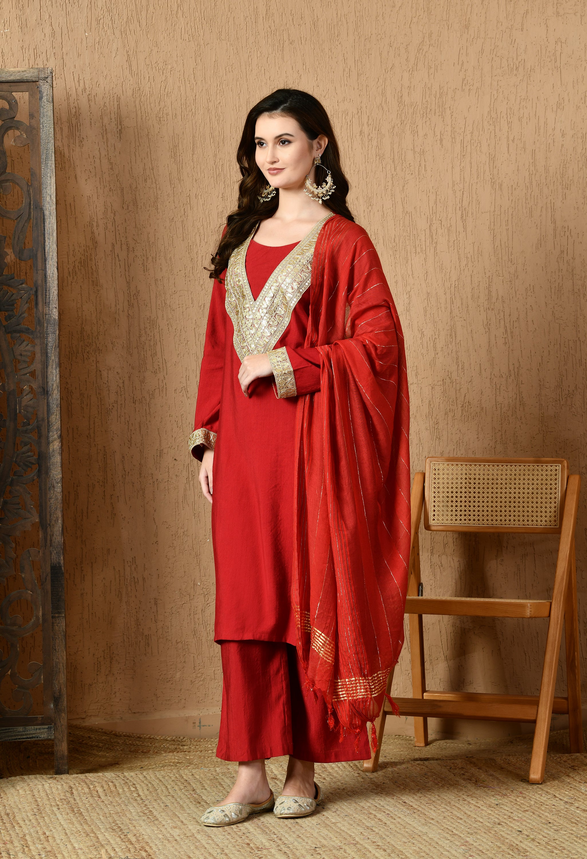Myshka Red Silk Blend Straight Round Neck Long Sleeves Kurta Trousers With Dupatta - Distacart