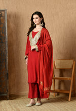 Thumbnail for Myshka Red Silk Blend Straight Round Neck Long Sleeves Kurta Trousers With Dupatta - Distacart