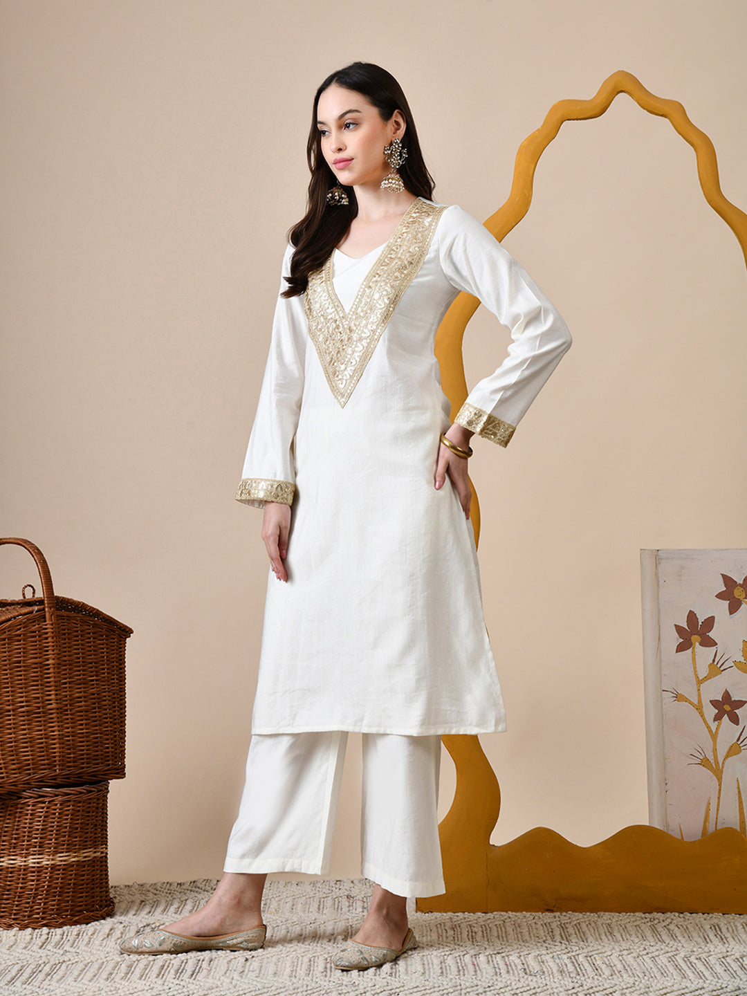 Myshka White Silk Blend Straight Round Neck Long Sleeves Kurta Trousers Set - Distacart
