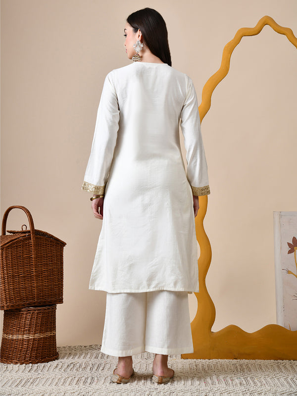 Myshka White Silk Blend Straight Round Neck Long Sleeves Kurta Trousers Set - Distacart