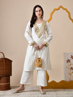 Thumbnail for Myshka White Silk Blend Straight Round Neck Long Sleeves Kurta Trousers Set - Distacart